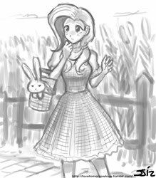 Size: 735x840 | Tagged: safe, artist:johnjoseco, angel bunny, fluttershy, human, clothes, crossover, dorothy, dress, grayscale, humanized, monochrome