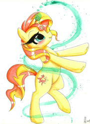 Size: 774x1072 | Tagged: safe, artist:prettypinkpony, sunset shimmer, pony, unicorn, bipedal, magic, simple background, solo, traditional art