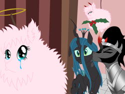 Size: 2048x1536 | Tagged: safe, artist:blackdeathhatter, king sombra, queen chrysalis, oc, oc:fluffle puff, changeling, changeling queen, pony, unicorn, chrysombra, crying, devil horns, female, halo, holly, holly mistaken for mistletoe, implied chrysipuff, male, shipping, straight