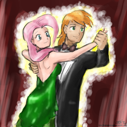 Size: 800x800 | Tagged: safe, artist:johnjoseco, artist:michos, big macintosh, fluttershy, human, clothes, dancing, dress, female, fluttermac, humanized, male, shipping, straight