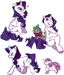 Size: 850x1000 | Tagged: safe, artist:sunbearbutts, rarity, spike, sweetie belle, dragon, pony, unicorn, female, horn, male, mare