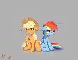 Size: 1440x1110 | Tagged: safe, artist:irenla, derpibooru import, applejack, rainbow dash, earth pony, pegasus, pony, ..., :o, appledash, blushing, female, floppy ears, lesbian, open mouth, question mark, raised hoof, shipping, simple background, sitting