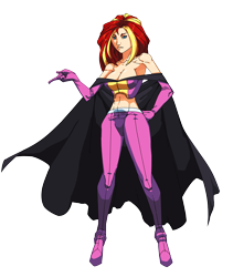 Size: 2156x2557 | Tagged: safe, artist:moonfx, sunset shimmer, human, breasts, cape, cleavage, clothes, crossover, evening gloves, female, hips, humanized, midriff, shoulderless, solo, spiders and magic: rise of spider-mane, sunset jiggler, superhero, supervillain, thighs