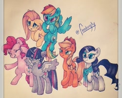 Size: 639x514 | Tagged: safe, artist:new-age-art-124, derpibooru import, applejack, fluttershy, pinkie pie, rainbow dash, rarity, twilight sparkle, twilight sparkle (alicorn), alicorn, earth pony, pegasus, pony, unicorn, female, mane six, mare