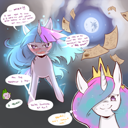 Size: 1280x1280 | Tagged: safe, artist:cold-blooded-twilight, princess celestia, spike, twilight sparkle, alicorn, dragon, pony, comic:cold storm, angry, comic, explicit source, flashback, magic, mare in the moon, moon, twilight is not amused, unamused