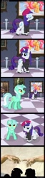 Size: 784x3115 | Tagged: safe, artist:choedan-kal, fluttershy, lyra heartstrings, rarity, pegasus, pony, unicorn, art gallery, beatnik rarity, beret, clothes, comic, hand, hat