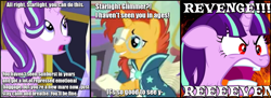 Size: 1172x426 | Tagged: safe, edit, screencap, starlight glimmer, sunburst, pony, unicorn, the crystalling, alternate ending, angry, bad end, comic, fire, gilligan cut, image macro, implied abuse, meme, monty python, needs more jpeg, peptalk, ragelight glimmer, red eyes take warning, reunion, revenge, screaming, sunburst abuse, this will end in death, this will end in gulag