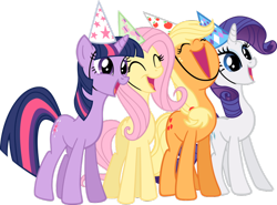 Size: 900x667 | Tagged: safe, artist:akili-amethyst, derpibooru import, applejack, fluttershy, rarity, twilight sparkle, unicorn twilight, earth pony, pegasus, pony, unicorn, hat, party hat, simple background, transparent background, vector