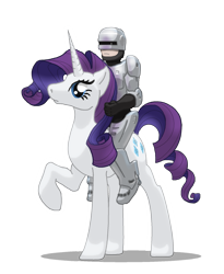 Size: 1471x1795 | Tagged: safe, artist:oddwarg, rarity, human, crossover, looking at you, raised hoof, riding, robocop, simple background, transparent background