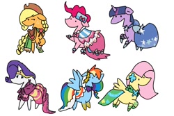 Size: 600x400 | Tagged: safe, artist:kushina13, derpibooru import, applejack, fluttershy, pinkie pie, rainbow dash, rarity, twilight sparkle, earth pony, pegasus, pony, unicorn, clothes, dress, gala dress, mane six, naname pony, open mouth, smiling