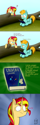 Size: 920x2880 | Tagged: safe, artist:subjectbubblegum, lightning dust, sunset shimmer, pegasus, pony, unicorn, book, comic