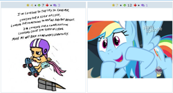 Size: 511x276 | Tagged: safe, derpibooru import, rainbow dash, scootaloo, pegasus, pony, derpibooru, exploitable meme, juxtaposition, juxtaposition win, meme, meta