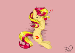 Size: 1016x719 | Tagged: safe, artist:bakakawaicosplay0o0, sunset shimmer, pony, unicorn, heart, simple background, sleeping, solo, sunsleep shimmer