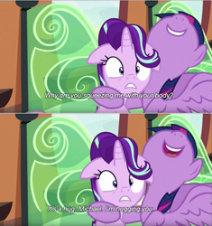 Size: 900x958 | Tagged: safe, screencap, starlight glimmer, twilight sparkle, twilight sparkle (alicorn), alicorn, pony, the crystalling, arrested development, caption, female, hug, mare