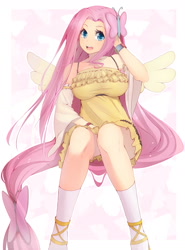 Size: 1275x1725 | Tagged: safe, artist:mw-magister, fluttershy, butterfly, human, bracelet, breasts, clothes, colored pupils, curvy, cute, detached sleeves, dress, female, flowing hair, hootershy, humanized, impossibly long hair, long hair, looking at you, open mouth, shyabetes, simple background, sitting, smiling, socks, solo, upskirt denied, white background, winged humanization, wings
