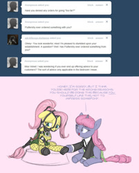 Size: 836x1038 | Tagged: safe, artist:carnifex, fluttershy, oc, oc:velvet, pegasus, pony, ask, ask velvet, bit gag, bondage, gag