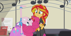 Size: 1366x704 | Tagged: safe, pinkie pie, sunset shimmer, equestria girls, equestria girls (movie), rainbow rocks, caption, squee