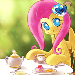 Size: 300x300 | Tagged: safe, artist:jiayi, fluttershy, pegasus, pony, happy, looking at you, tea