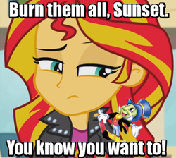 Size: 392x351 | Tagged: safe, sunset shimmer, equestria girls, rainbow rocks, arson, conscience, fiery shimmer, image macro, implied arson, insanity, jiminy cricket, meme, pyromaniac, schizophrenia, snapset shimmer, this will end in fire