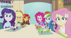 Size: 1919x1039 | Tagged: safe, applejack, fluttershy, pinkie pie, rainbow dash, rarity, sunset shimmer, equestria girls, rainbow rocks, apple, bowl, cafeteria, celery, chair, chopsticks, grapes, juice box, orange, rice, sandwich, table, yahoo