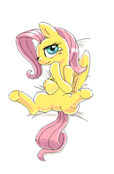 Size: 438x666 | Tagged: safe, artist:usappy-barkhaward, fluttershy, pegasus, pony, barbie doll anatomy, blushing, female, hoof on chin, lying down, prone, solo