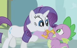 Size: 754x472 | Tagged: safe, screencap, rarity, spike, dragon, pony, unicorn, the ticket master, eye contact, female, frown, gala ticket, golden ticket, grin, lidded eyes, looking at each other, male, mare, raised hoof, smiling, ticket, tongue out, worried