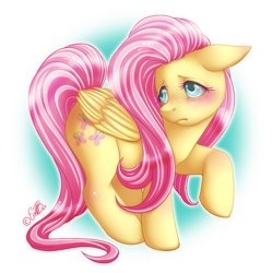 Size: 833x833 | Tagged: safe, artist:embbu-chan, fluttershy, pegasus, pony, blushing, female, floppy ears, folded wings, head turn, looking away, mare, raised hoof, solo, standing, wings