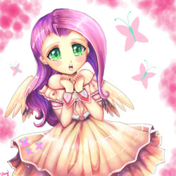 Size: 700x700 | Tagged: safe, artist:sukesha-ray, fluttershy, blushing, clothes, dress, humanized, winged humanization