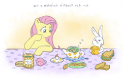 Size: 800x504 | Tagged: safe, artist:onkelscrut, angel bunny, fluttershy, pegasus, pony, breakfast, sandwich, tea, teapot