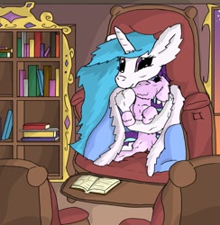 Size: 883x904 | Tagged: safe, artist:firefanatic, princess celestia, starlight glimmer, alicorn, pony, cuddlestia, cute, fluffy, hug, hug from behind, library, nuzzling