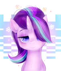 Size: 800x933 | Tagged: safe, artist:0biter, starlight glimmer, pony, unicorn, the crystalling, bedroom eyes, bust, fluffy, hair over one eye, looking at you, new hairstyle, portrait, sitting, smiling, solo, starry eyes, watermark, wingding eyes