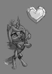 Size: 495x700 | Tagged: safe, artist:wwredgrave, queen chrysalis, changeling, changeling queen, chibi, crystal heart, cute, cutealis, grayscale, monochrome, rearing, solo
