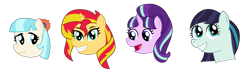 Size: 4625x1350 | Tagged: safe, artist:sketchmcreations, coco pommel, coloratura, starlight glimmer, sunset shimmer, pony, absurd resolution, floating head, rara, simple background, smiling, transparent background, vector