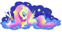 Size: 591x309 | Tagged: safe, artist:rintau, edit, angel bunny, fluttershy, pegasus, pony, dolan, duo, flower, night, pet