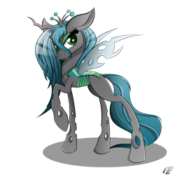 Size: 3000x3000 | Tagged: safe, artist:tyandagaart, queen chrysalis, changeling, changeling queen, female, raised hoof, smiling, solo