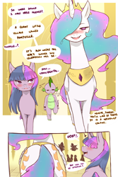 Size: 1280x1920 | Tagged: safe, artist:cold-blooded-twilight, princess celestia, spike, twilight sparkle, alicorn, dragon, pony, comic:cold storm, blushing, both cutie marks, explicit source, flashback, sunbutt, we don't normally wear clothes