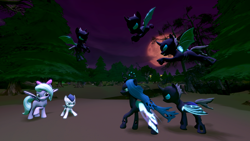 Size: 3840x2160 | Tagged: safe, artist:viranimation, flitter, queen chrysalis, rumble, changeling, changeling queen, pegasus, pony, 3d, colt, dark, everfree forest, female, flitterumble, male, mare, shipping, source filmmaker, story included, straight