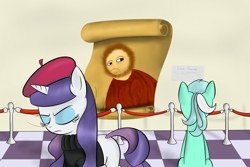 Size: 1280x853 | Tagged: safe, lyra heartstrings, rarity, pony, unicorn, beatnik rarity, beret, botched ecce homo, clothes, hat