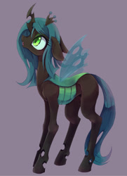 Size: 800x1103 | Tagged: safe, artist:kolshica, queen chrysalis, changeling, changeling queen, nymph, crown, cute, cutealis, female, filly, filly queen chrysalis, foal, jewelry, purple background, regalia, simple background, solo, teenager, younger