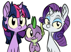 Size: 500x365 | Tagged: safe, artist:xenon, derpibooru import, rarity, spike, twilight sparkle, dragon, pony, unicorn, looking at you