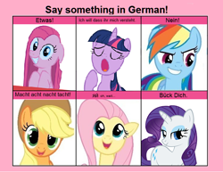 Size: 680x525 | Tagged: safe, derpibooru import, applejack, fluttershy, pinkie pie, rainbow dash, rarity, twilight sparkle, earth pony, pegasus, pony, unicorn, 6 pony meme, bend over, exploitable meme, german, meme, pinkamena diane pie, russian