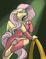 Size: 700x906 | Tagged: safe, artist:foxenawolf, fluttershy, anthro, unguligrade anthro, clothes, dress, eyes closed, floppy ears, leg warmers, stockings