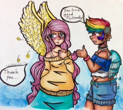 Size: 2448x2179 | Tagged: safe, artist:mylittleyuri, derpibooru import, fluttershy, rainbow dash, human, bra strap, clothes, copic, female, flutterdash, humanized, lesbian, midriff, shipping, skirt, sweater, sweatershy, traditional art