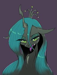 Size: 1481x1947 | Tagged: safe, artist:yajima, queen chrysalis, changeling, changeling queen, bust, female, open mouth, pixiv, portrait, purple background, simple background, solo, tongue out