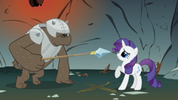 Size: 1280x718 | Tagged: safe, screencap, rarity, diamond dog, pony, unicorn, a dog and pony show, armor, diamond dog guard, duo, female, mare, raised hoof, scared, spear, stone spear, weapon