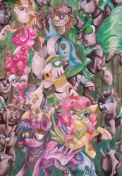 Size: 2189x3165 | Tagged: safe, artist:lunar-white-wolf, bon bon, fluttershy, pinkie pie, queen chrysalis, sweetie drops, twilight sparkle, twilight sparkle (alicorn), zecora, alicorn, changeling, changeling queen, earth pony, pegasus, pony, zebra, the cutie re-mark, alternate timeline, chrysalis resistance timeline, fight, gritted teeth, magic, mouth hold, rearing, resistance leader zecora, spear, traditional art, tribal pie, tribalshy, watercolor painting, weapon