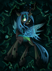 Size: 1024x1408 | Tagged: safe, artist:feathersokapi, artist:okapifeathers, queen chrysalis, changeling, changeling queen, grin, hive, smiling, solo, solo focus