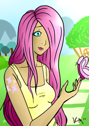 Size: 1000x1412 | Tagged: safe, artist:emberfan11, fluttershy, clothes, humanized, tanktop