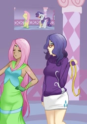 Size: 700x996 | Tagged: safe, artist:emberfan11, fluttershy, rarity, angry, clothes, dress, humanized, measuring tape, rarity's glasses, scene interpretation, screencap reference, skirt