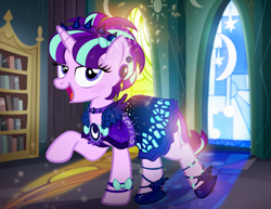 Size: 900x695 | Tagged: safe, artist:pixelkitties, starlight glimmer, pony, unicorn, clothes, cute, dress, fabulous, glam, open mouth, raised hoof, solo